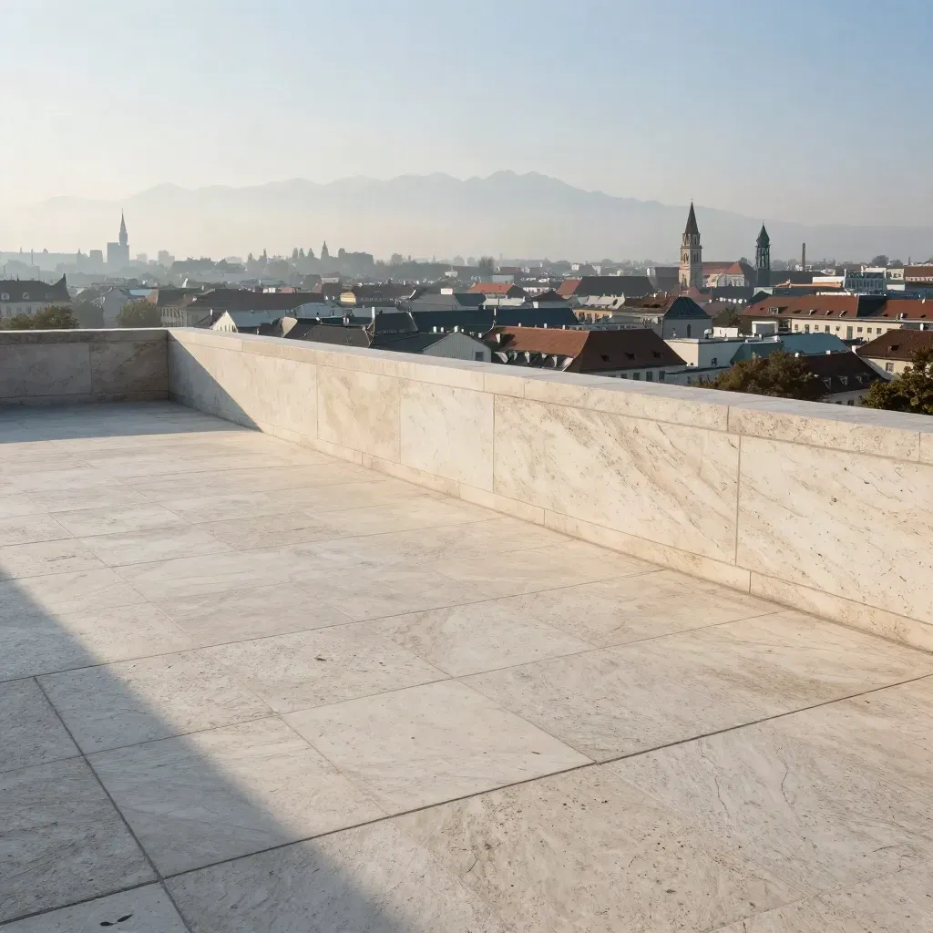 München im Morgennebel mit Alpen und heller Steinterrasse