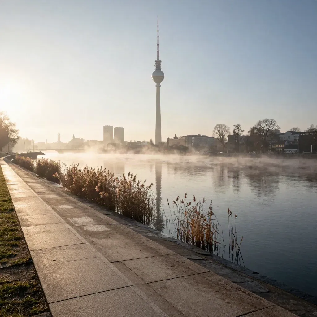 Berlin mit Fernsehturm bei Sonnenaufgang, Flussnebel über der Spree, ruhige Skyline