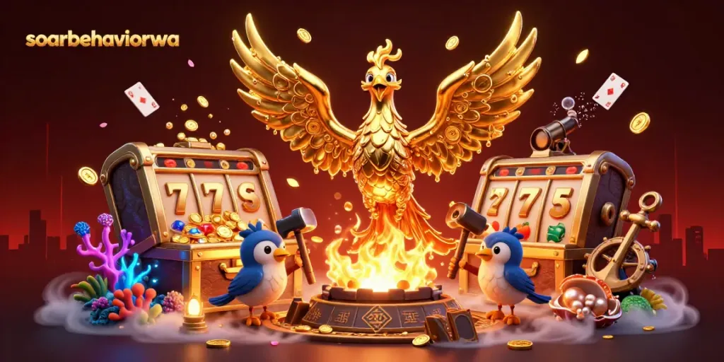 Experience the thrilling atmosphere of soarbehaviorwa with a dazzling golden phoenix in 3D illustration.