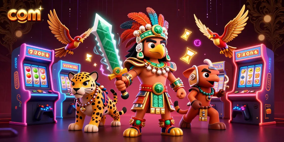 Spin the reels with com's Aztec warrior and golden quetzals amidst vibrant casino gaming elements.