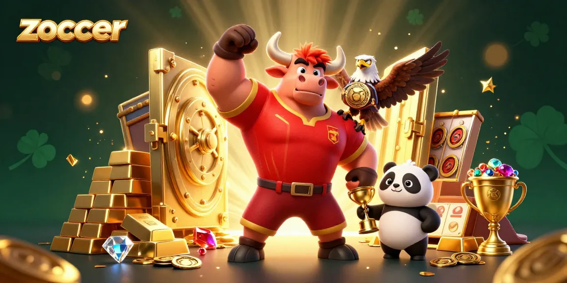 Zoccer casino experience showcasing a victory celebration with vibrant 3D characters amid luxury and slot excitement