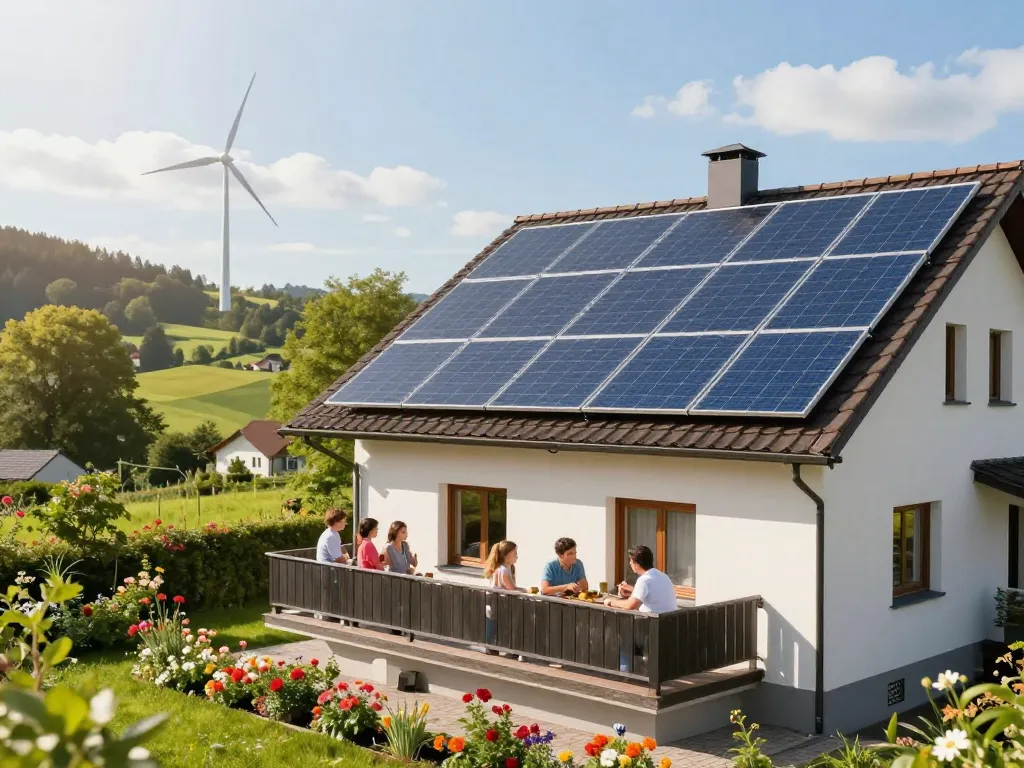 Photovoltaik Bayern Wohnsolaranlage in einer sonnigen bayerischen Umgebung, die umweltfreundliches Leben und Nachhaltigkeit hervorhebt.