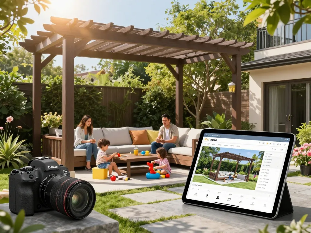 Erleben Sie den Pergola Konfigurator in einem lebhaften Outdoor-Familienumfeld.