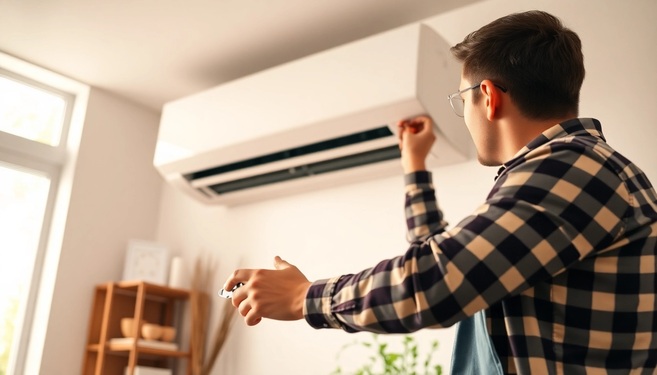 Klima installieren with a technician expertly fixing a split air conditioning unit in a cozy home.