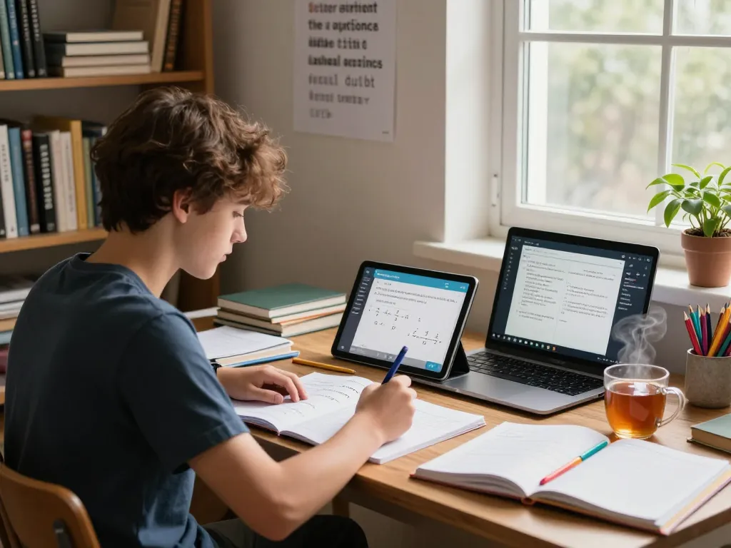 Student, der Hausaufgaben KI kostenlos an einem Holztisch mit Notizbüchern und einem Laptop verwendet.