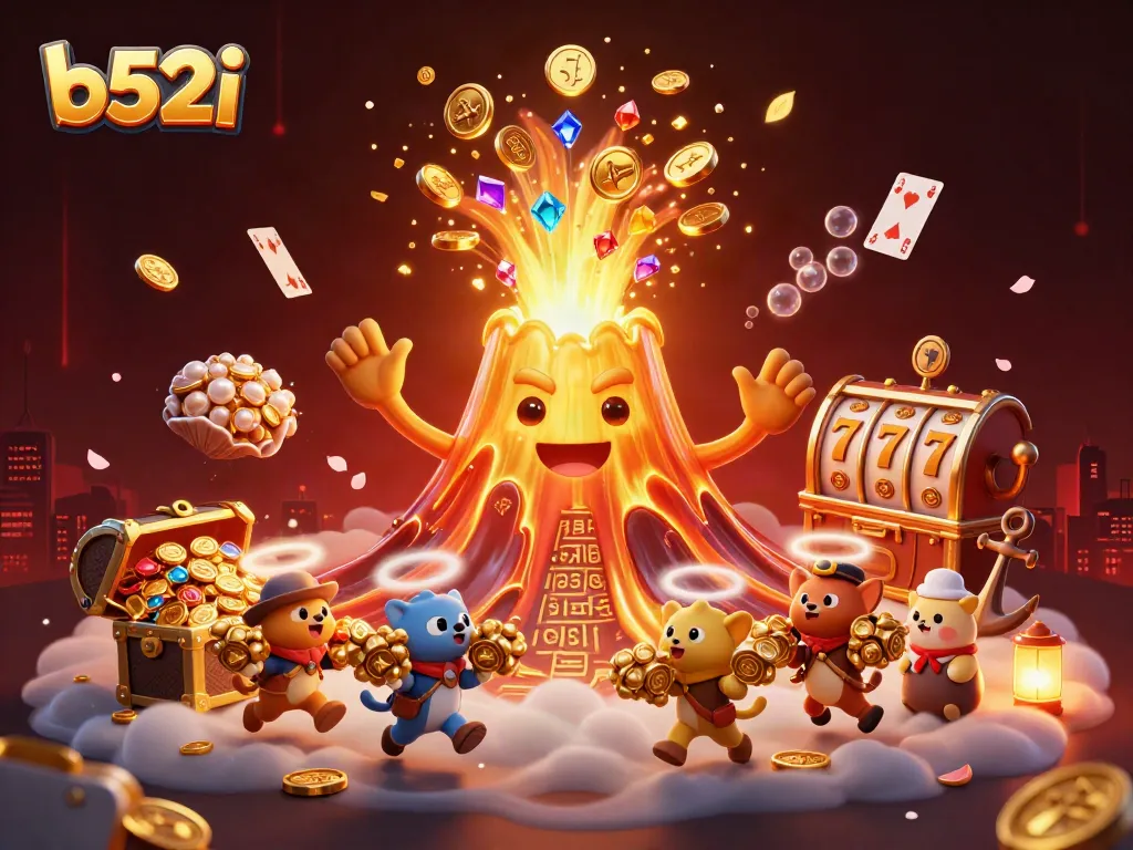 Engage with an exciting b52i casino scene featuring a triumphant volcano erupting coins and treasures amid dynamic game elements.