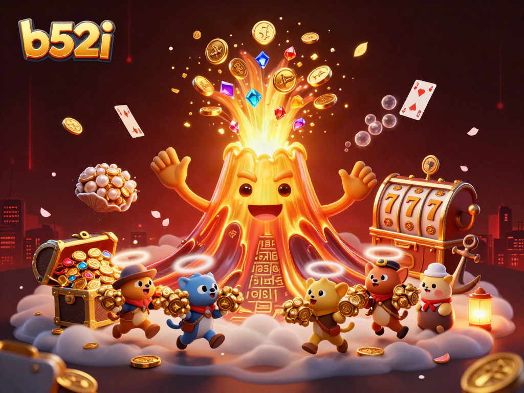 Engage with an exciting b52i casino scene featuring a triumphant volcano erupting coins and treasures amid dynamic game elements.