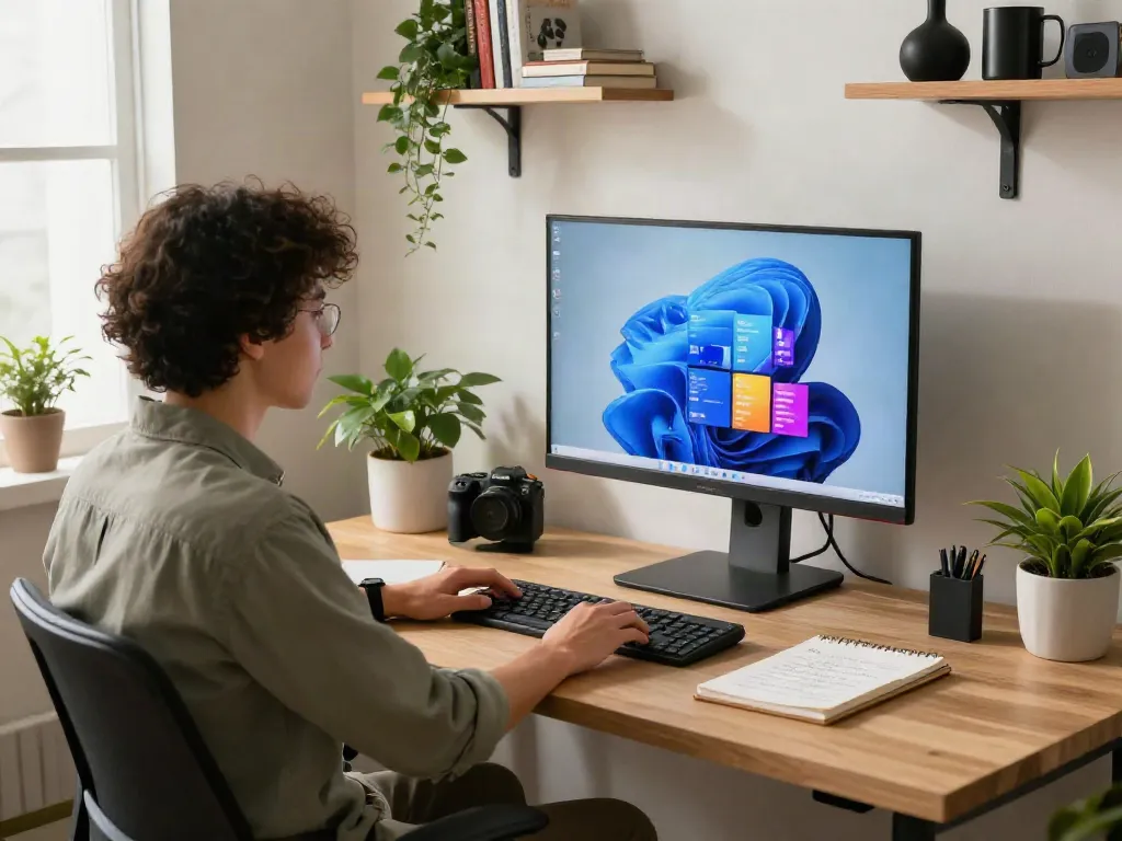 Moderne Home-Office-Szene mit Windows 11 Pro auf dem Bildschirm.