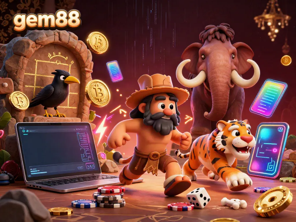 Experience gem88's prehistoric casino vibe with cartoon caveman and exciting cryptocurrency elements.
