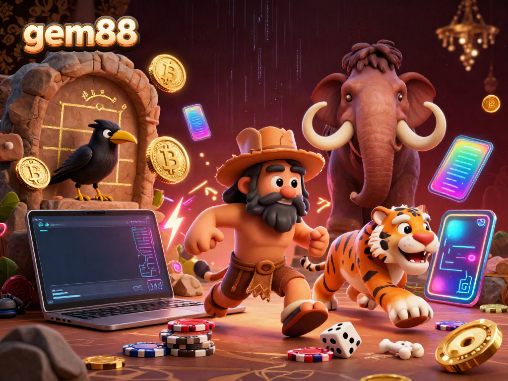 Experience gem88's prehistoric casino vibe with cartoon caveman and exciting cryptocurrency elements.