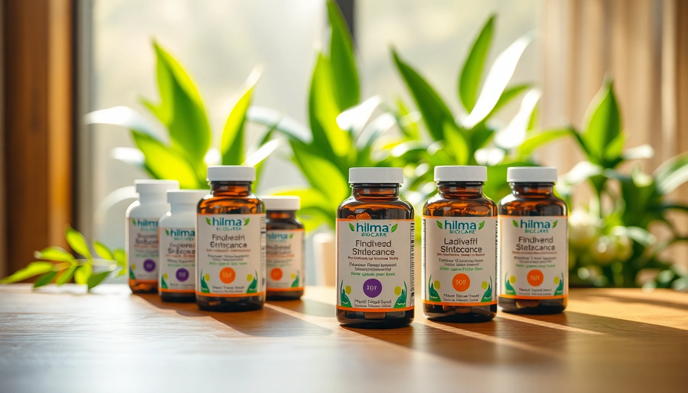 Hilma biocare Produkte stilvoll angeordnet auf einem Holztisch, umgeben von Pflanzen.