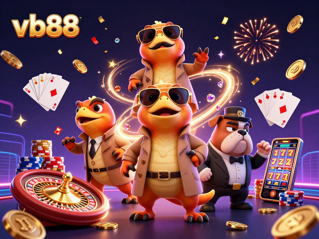 Experience thrilling gaming at vb88 with colorful raptors, casino elements, and a VIP atmosphere.