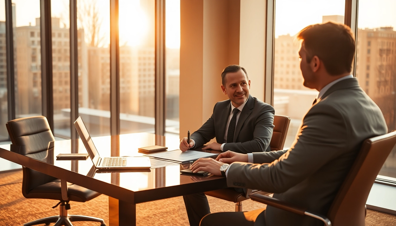 Headhunter CEO im Gespräch mit einem Kandidaten in einem eleganten Büro.