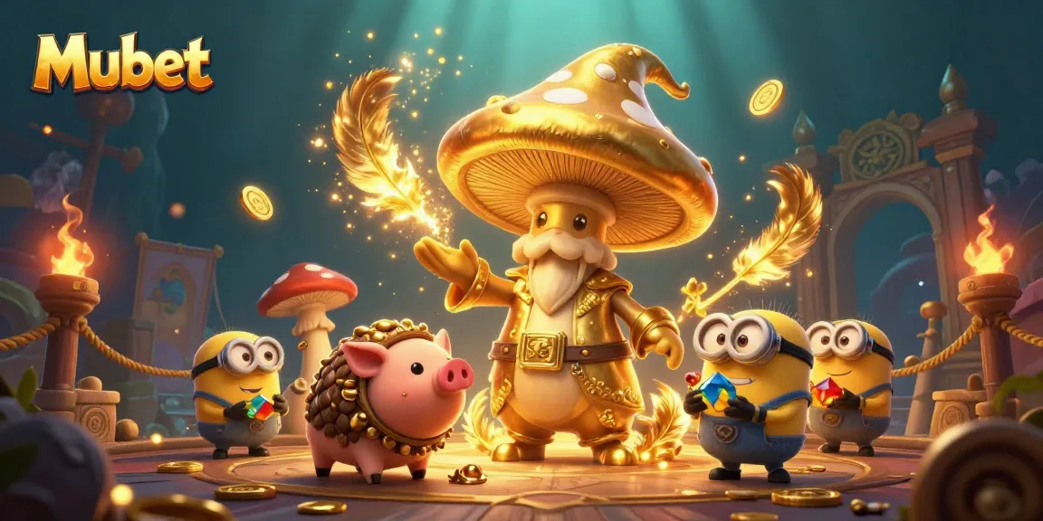 Experience winnings at Mubet with a magical scene featuring a golden mushroom wizard and treasure hunt.