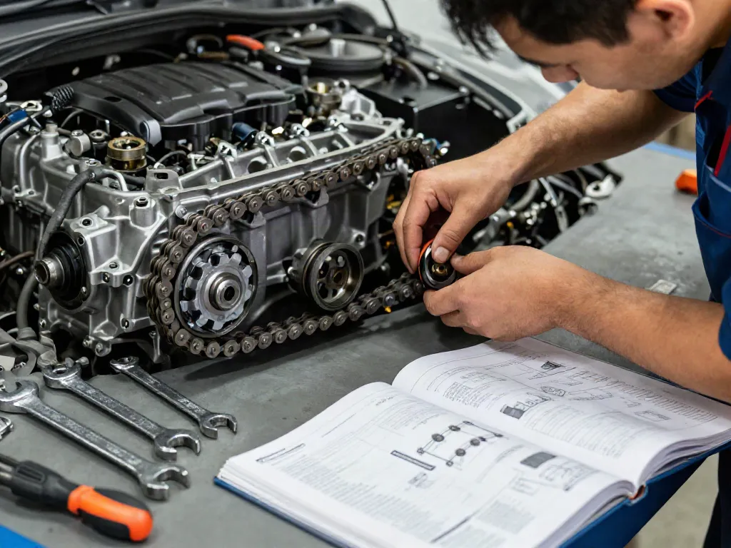 Mechaniker bei einem BMW Steuerkettenwechsel in einer Werkstatt.