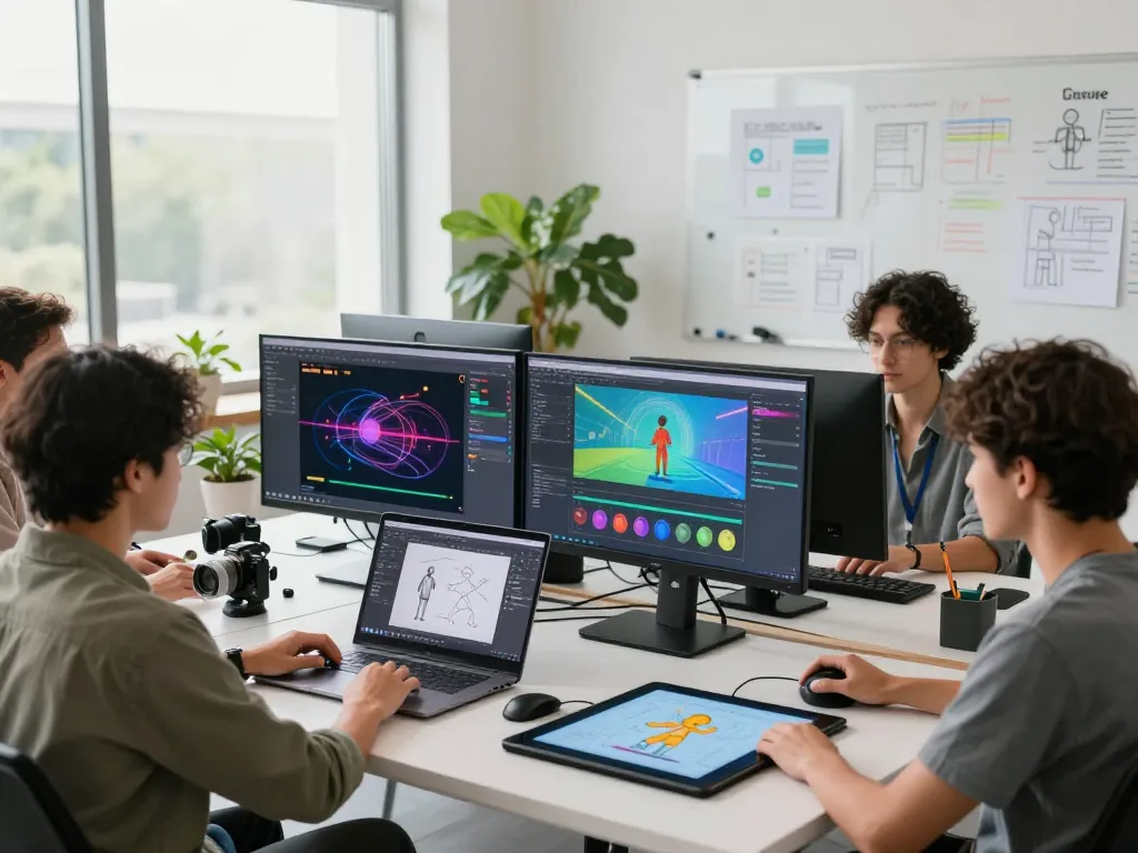 Creative team collaborating on motion control ai project in modern studio environment.