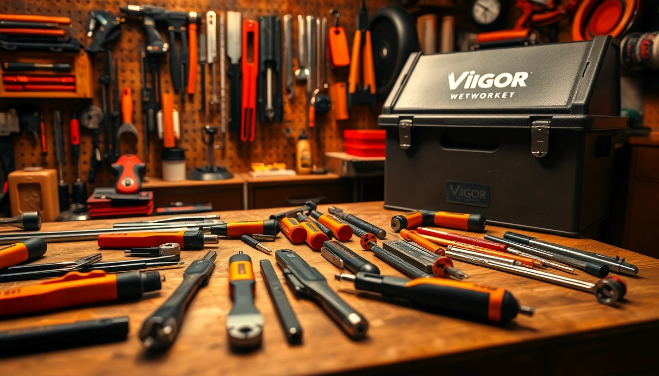 Vigor Werkzeug tools displayed on a wooden workbench highlighting precision and craftsmanship in the workspace.