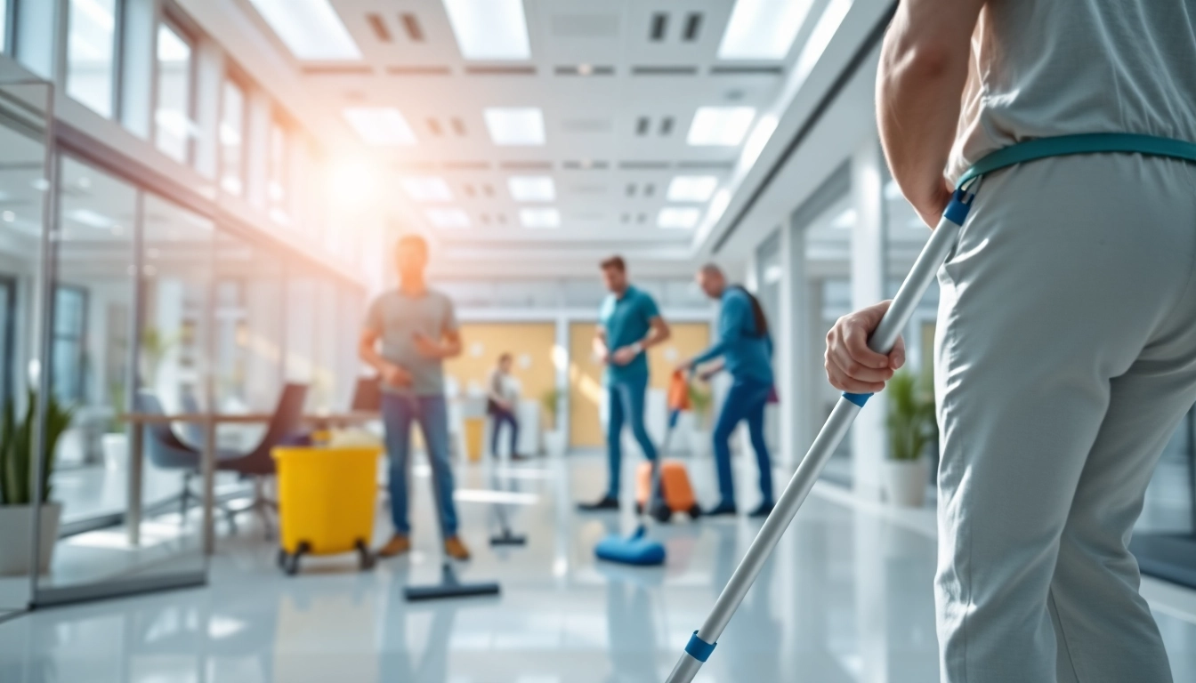 Effiziente Gebäudereinigung Ulm durch professionelle Reinigungskräfte in modernem Büro.