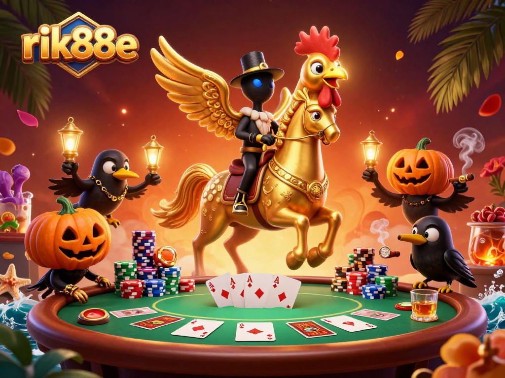 Experience the thrill of gaming at rik88e with golden rooster characters amidst vibrant casino action.