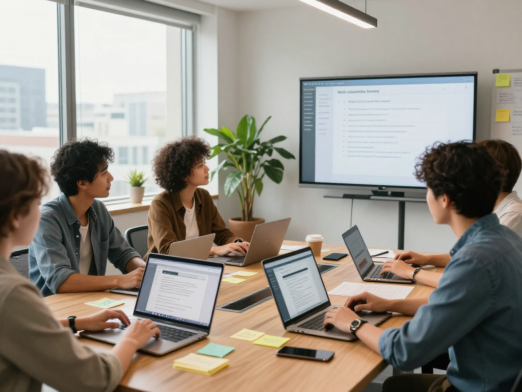 Team collaborating on Barrierefreie und rechtssichere Webseiten Dienstleistung in a modern office.