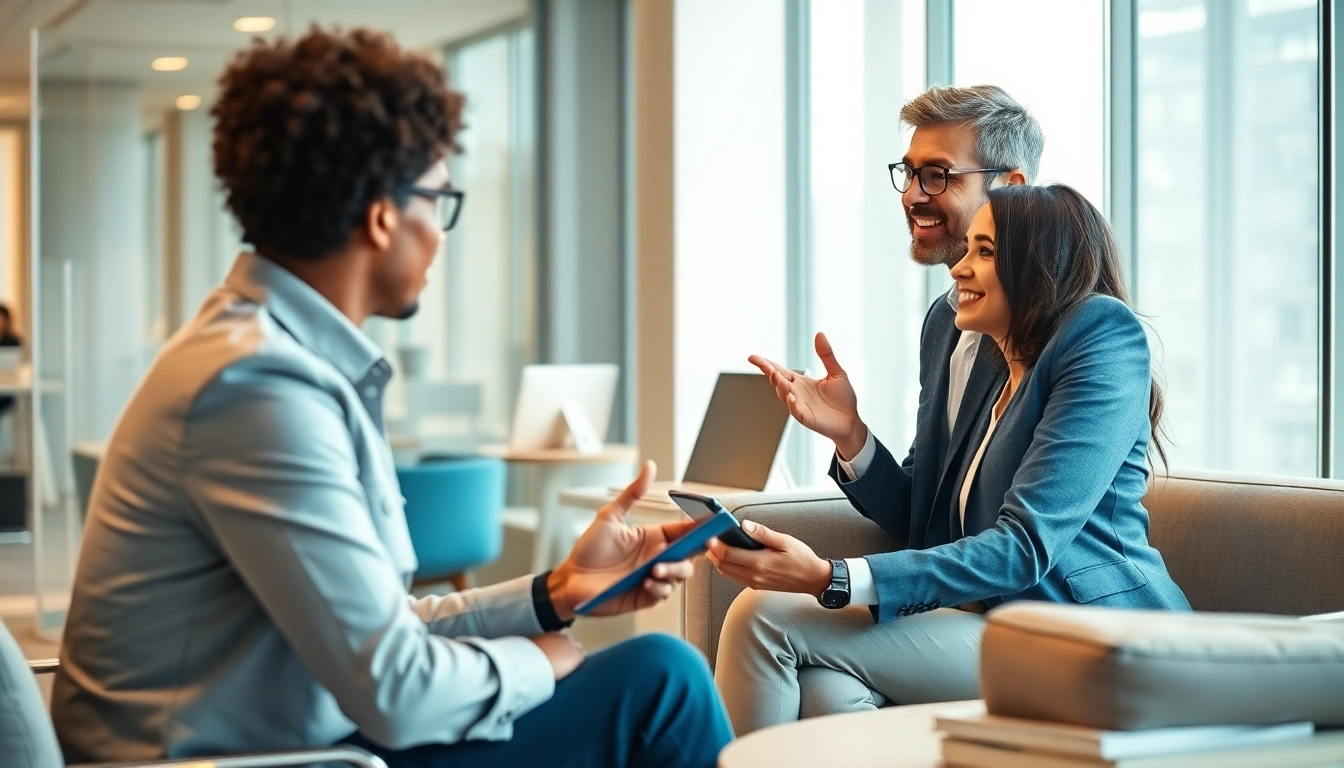 Headhunter engaging in a professional conversation with a candidate in a modern office.