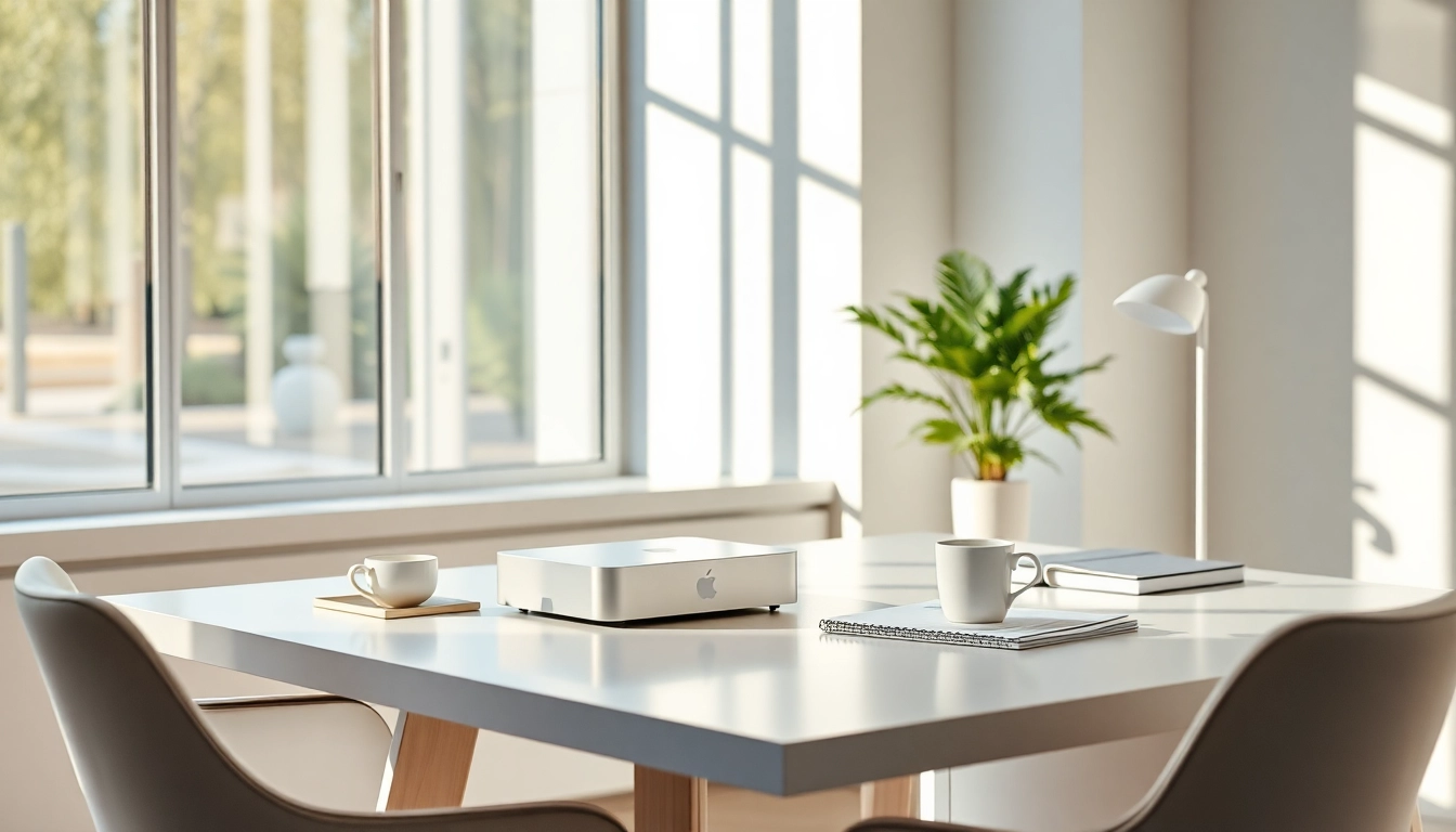 Ein stilvoll eingerichteter Schreibtisch mit dem Mac Mini Office 2024 im Vordergrund, ideal für ein modernes Büro.