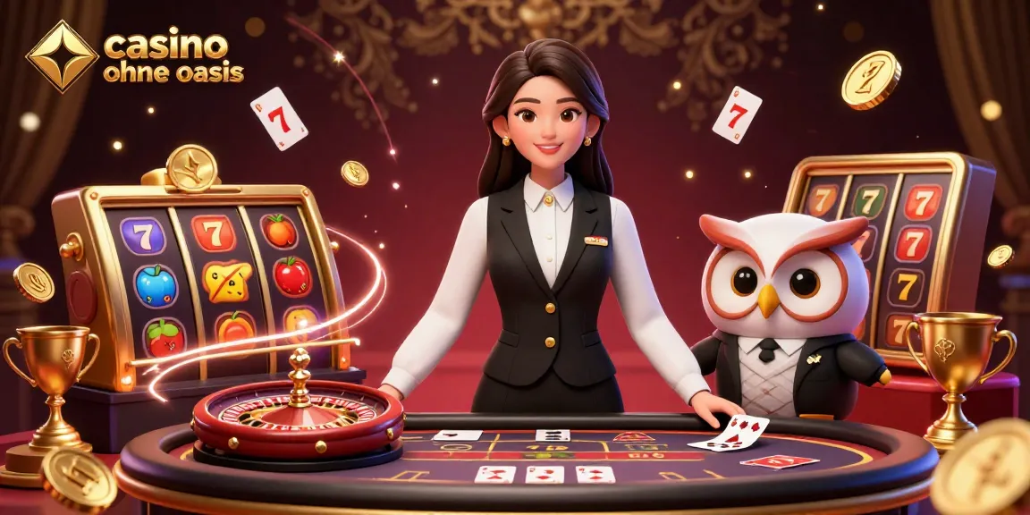 Experience thrilling games at a casino ohne oasis with vibrant dealers and rich gaming elements alive in this dynamic illustration.