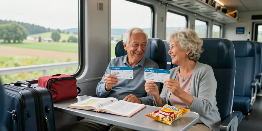 Zugtickets für Senioren in der Hand eines glücklichen Seniorenpaars während der Zugreise.