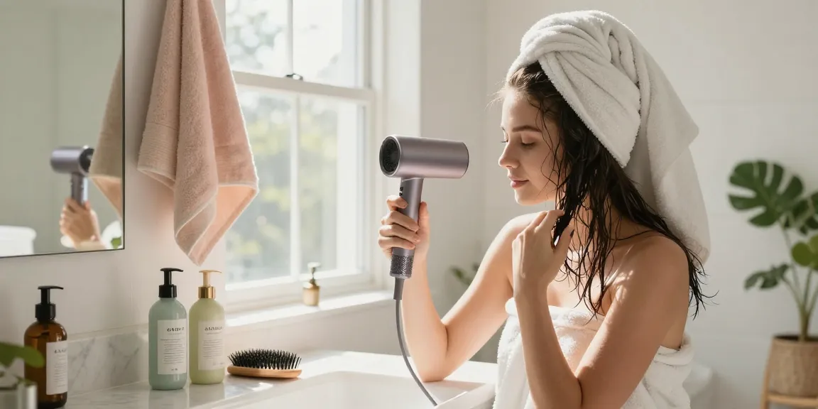 Woman styling hair with a compact hair dryer in a bright bathroom.