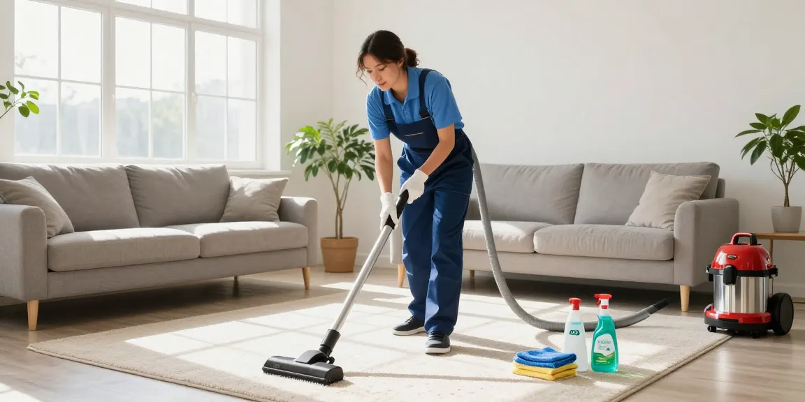 Professional cleaner performing cleaning services showcasing a reinigung offerte in a bright living room.