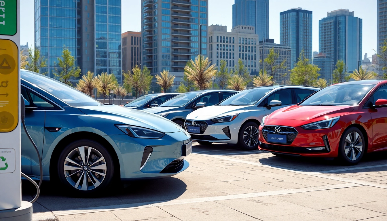 Elektroautos in einer urbanen Umgebung, die an Ladestationen aufgeladen werden und umweltfreundliche Mobilität zeigen.