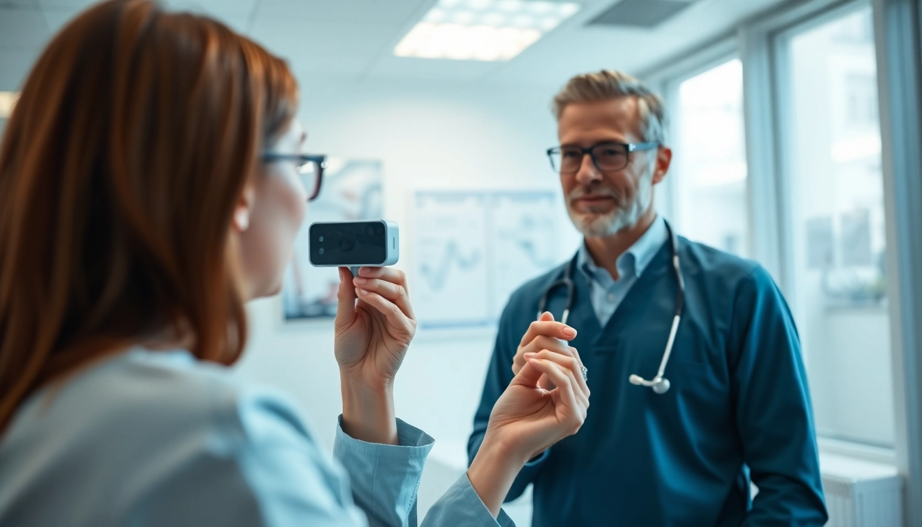 Ein Arzt berät einen Patienten über deus medical, in einer modernen, hellen Klinik.