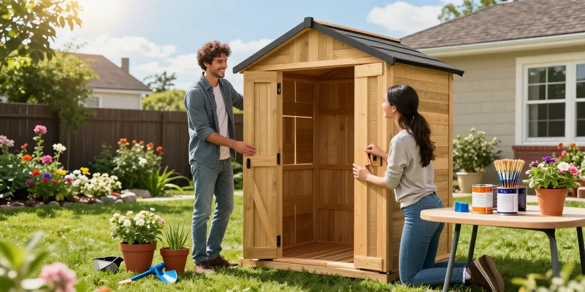 Gartenhaus kaufen: Paar beim Zusammenbauen eines Holz-Gartenhauses im sonnigen Garten mit blühenden Pflanzen.