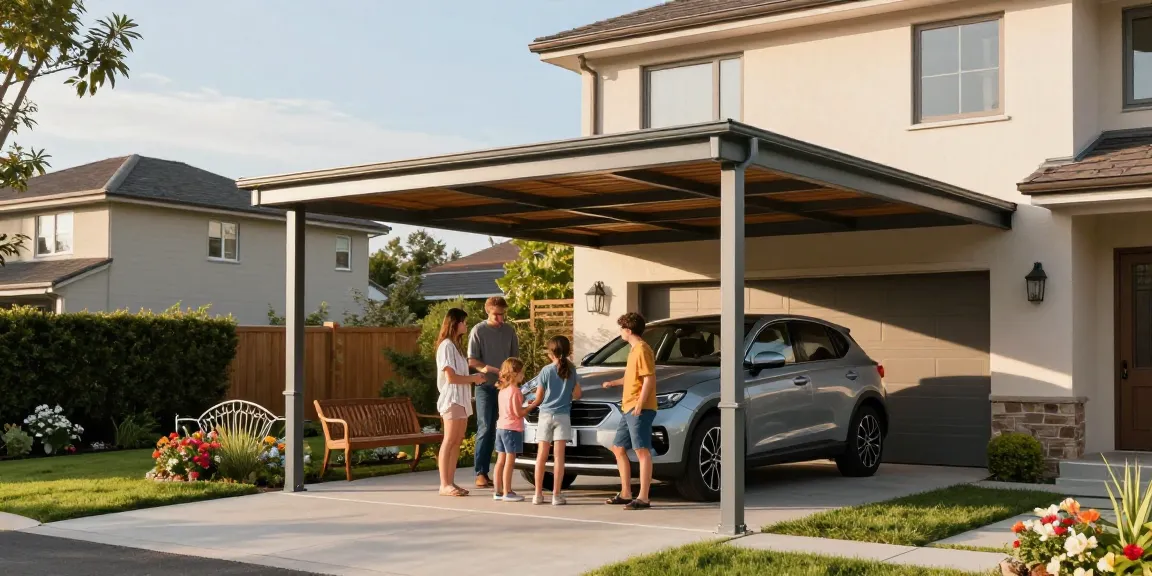 Moderne Carport-Struktur schützt Familienfahrzeug in einladendem Garten.