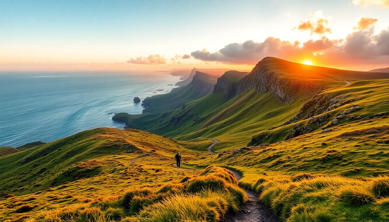 Dingle Way Irland: Beautiful hiking trail with stunning cliffs and hills at sunset.