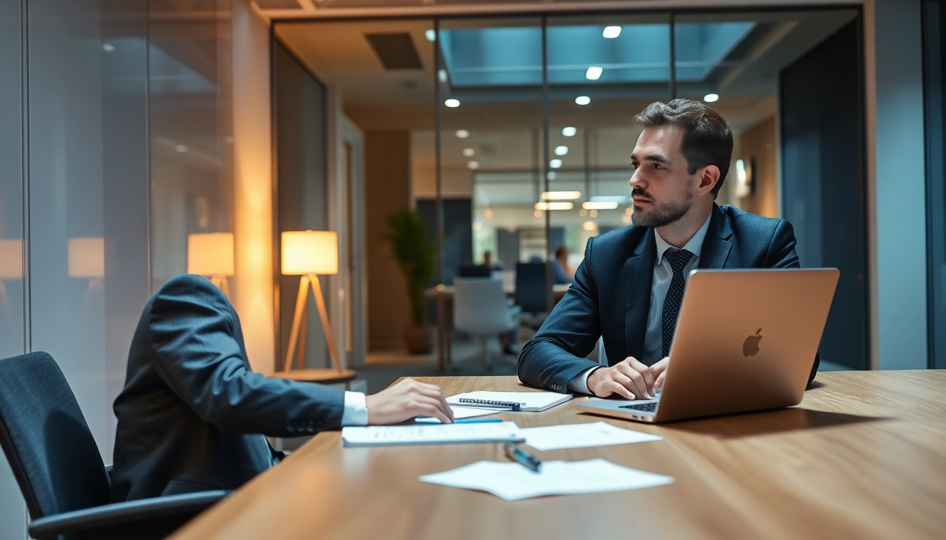 Headhunter Bochum, der erfolgreich mit einem Kandidaten in einem modernen Büro spricht und eine positive Atmosphäre vermittelt.