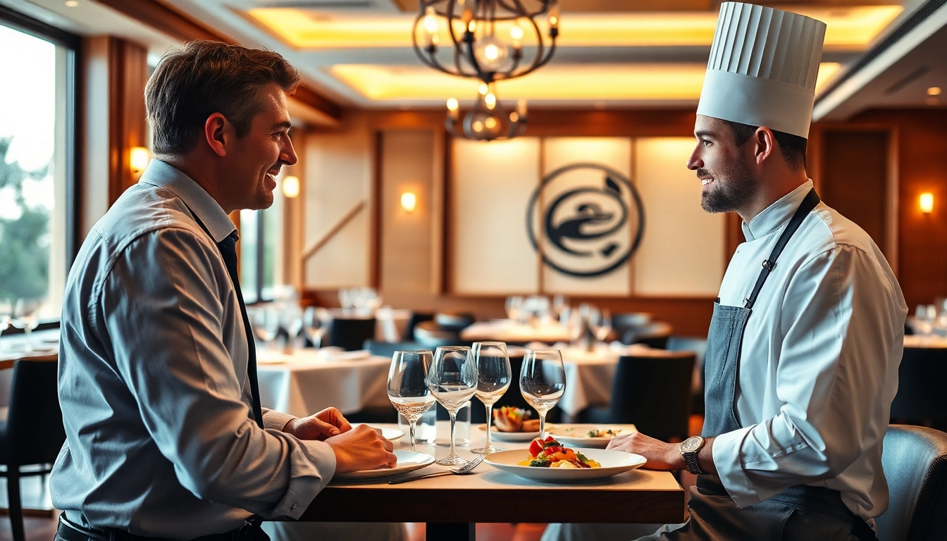 Headhunter Gastronomie berät einen Gourmet-Chef in einer stilvollen Restaurant-Atmosphäre.