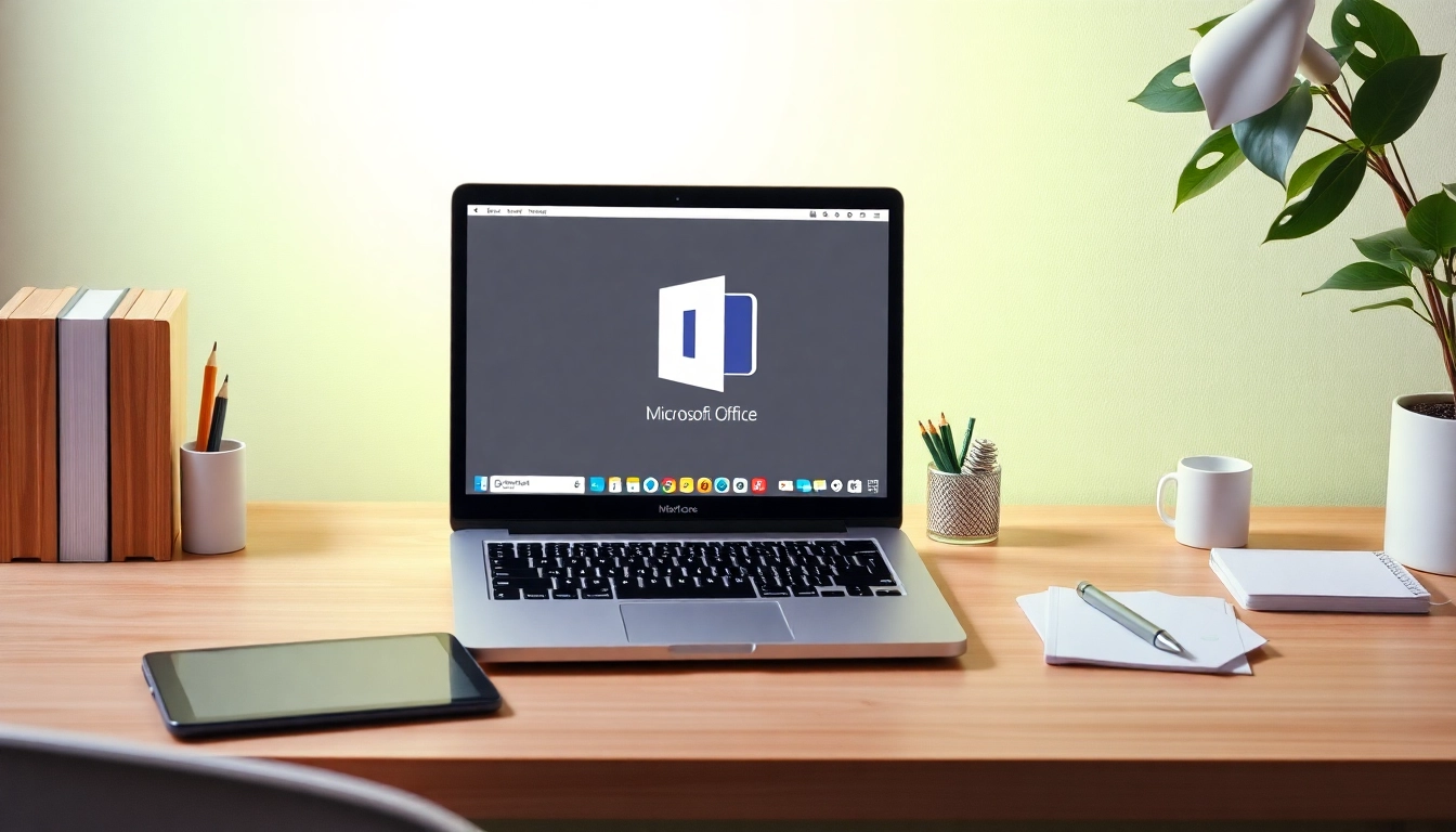 Laden Sie Microsoft Office 2024 für macOS Sonoma Download deutsch auf einem modernen Arbeitsplatz mit einem MacBook herunter.