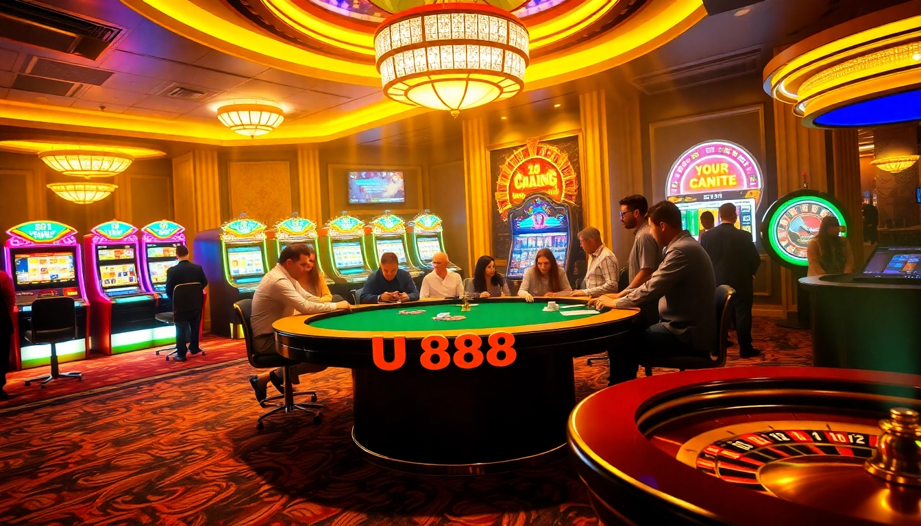 Experience the excitement at U 888 casino, with poker games and slot machines highlighting the atmosphere.