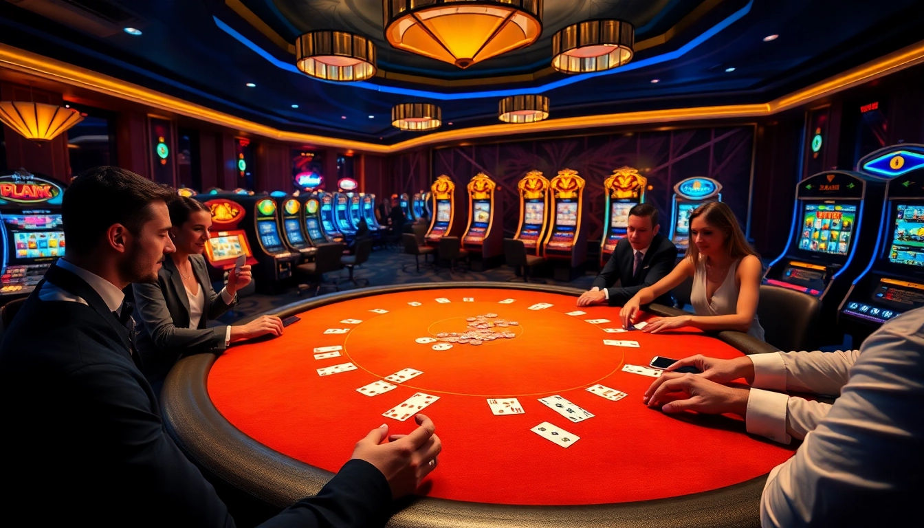 A dynamic casino scene showcasing the excitement of the 88i game with poker chips, cards, and joyful players.
