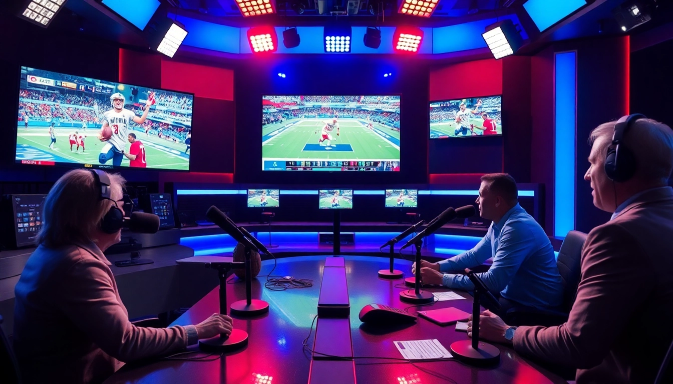 Dynamic presentation in sports broadcasting with hosts analyzing live games.