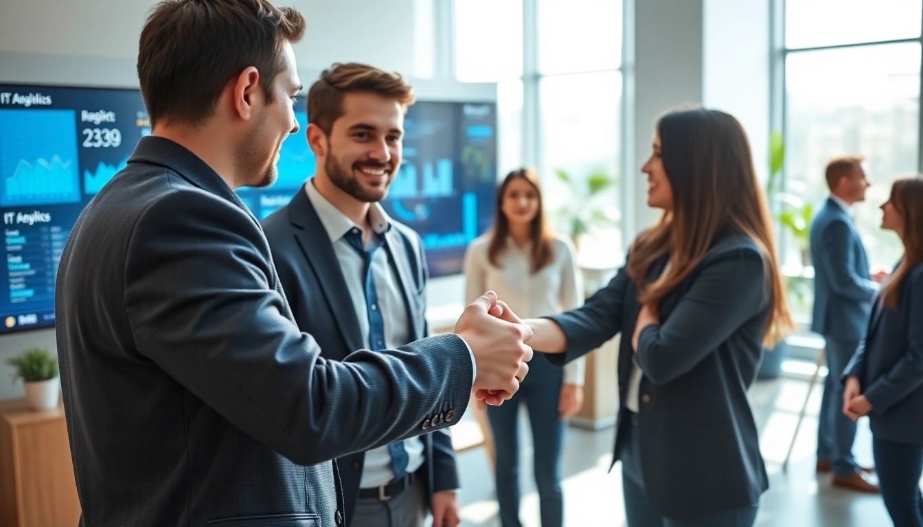 Headhunter IT shaking hands with a candidate in a modern office environment.