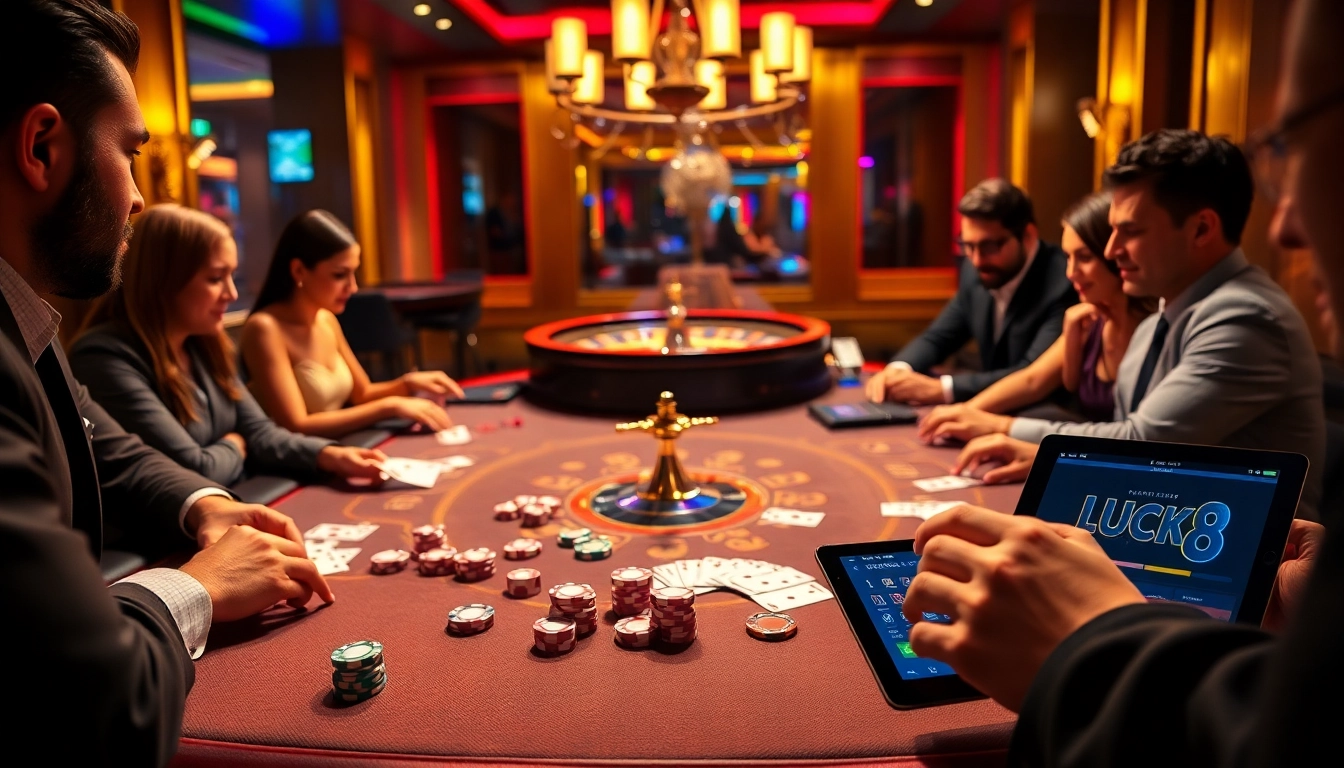 Bàn casino Lucky8 đang lôi cuốn người chơi bằng các đồng chip poker và bánh xe roulette sống động.
