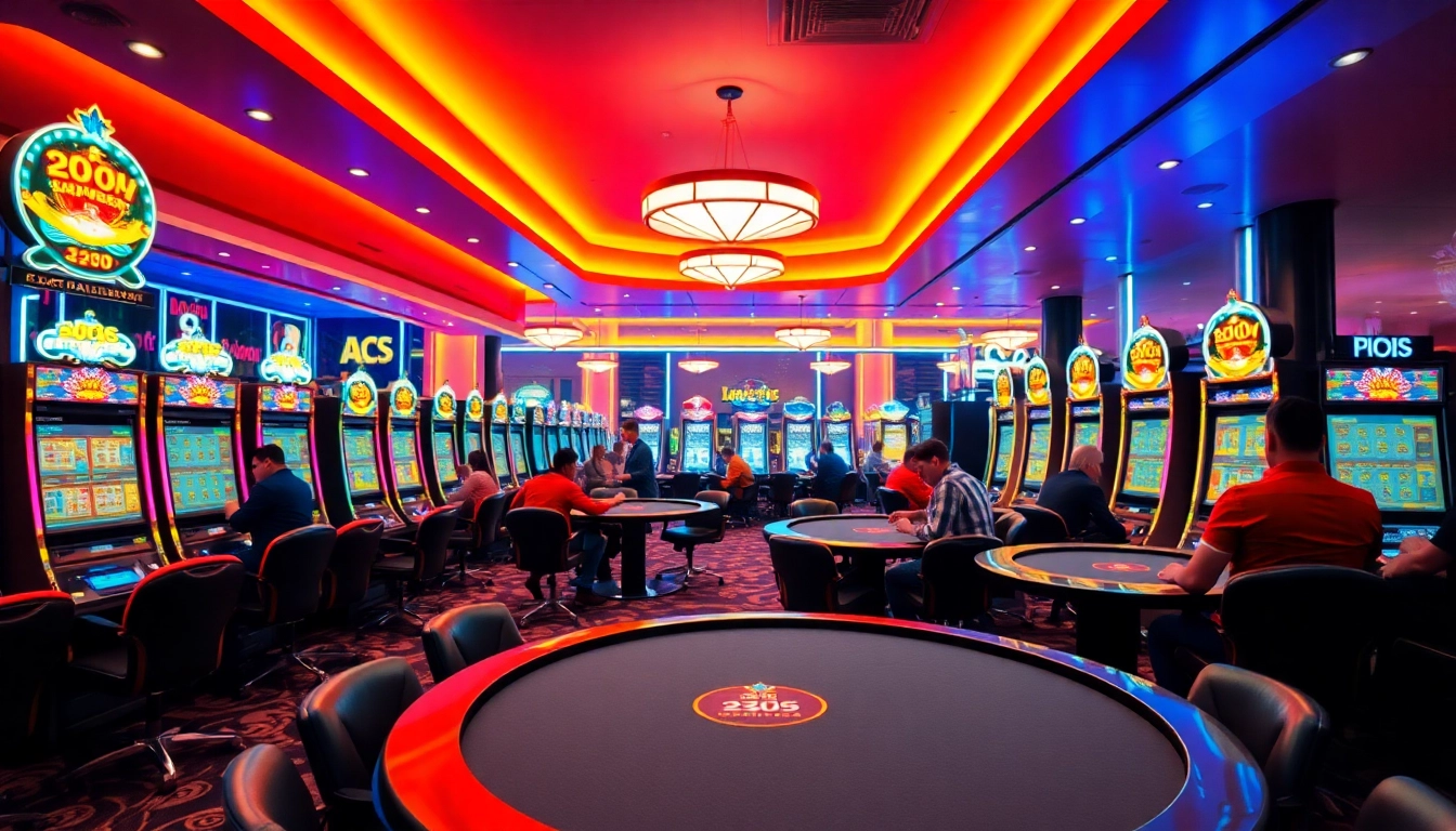 A legjobb online kaszinó dinamikus képe színes játékgépekkel és boldog játékosokkal.