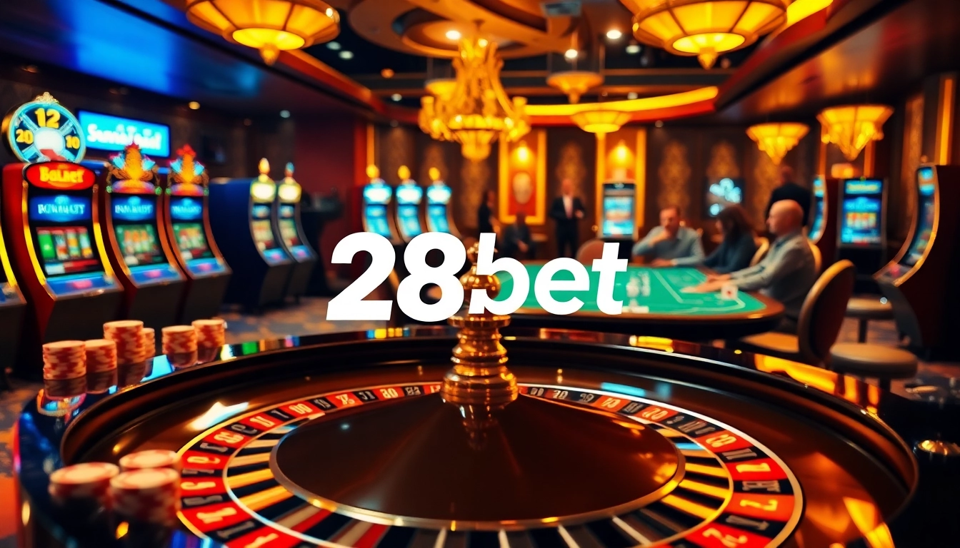 Experience the luxury of 28bet casino gaming with vibrant slot machines and elegant roulette tables.